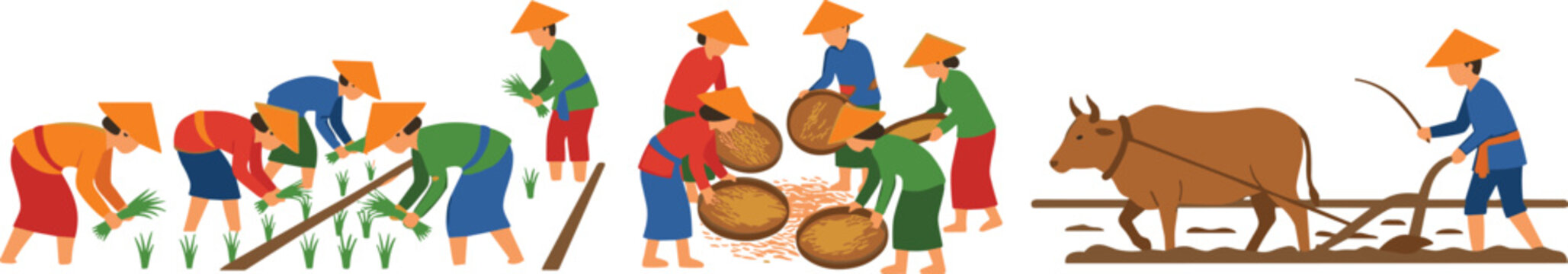 Traditional Farming Practices with Workers Using Tools, Harvesting Crops, and Plowing Fields with Oxen for Rural Agriculture Designs