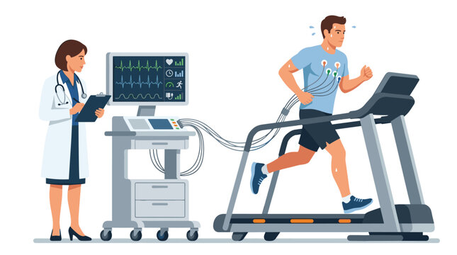 A male patient with electrodes on his chest performs a stress test on a treadmill while a doctor records his cardiac data in a bright clinical consultation room.