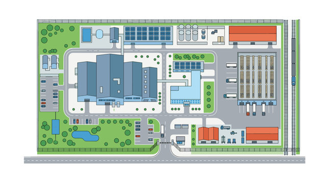 An aerial plan of a factory campus shows distinct orange-roofed warehouses situated near parallel railway tracks with green landscaped zones and parking areas.