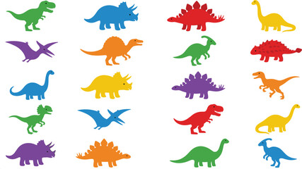 Colorful Cartoon Dinosaur Silhouettes in Various Poses for Kids’ Learning, Fun, and Animal Illustrations © Sanjida