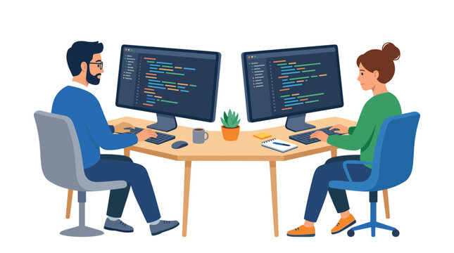 A male and female software developer work side-by-side on individual computer monitors at a shared wooden desk in an office with a small desk plant.