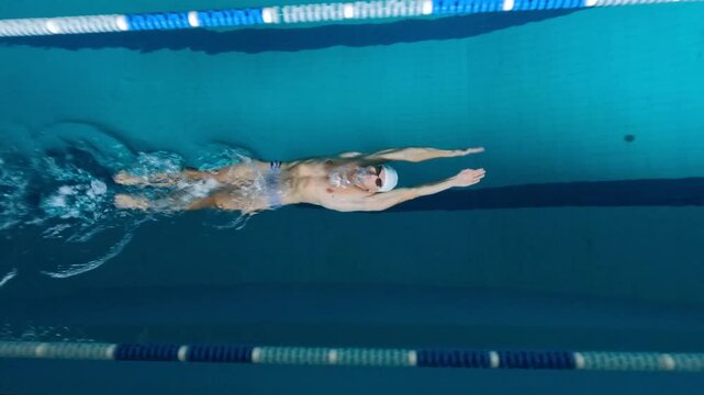 Top view shot of man swimming back crawl in indoor pool lane. Sports video shows streamlined body position, alternating arm stroke, flutter kick, and controlled lap training
