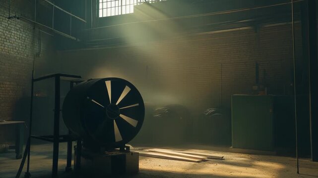 Dilapidated industrial warehouse interior featuring an old axial fan, receiving dramatic natural light through gridded windows, creating visible dust motes in the air