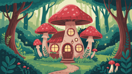 Fototapeta premium Cute fairy tale mushroom house standing in a magical green forest with many trees and plants in a colorful style Vector