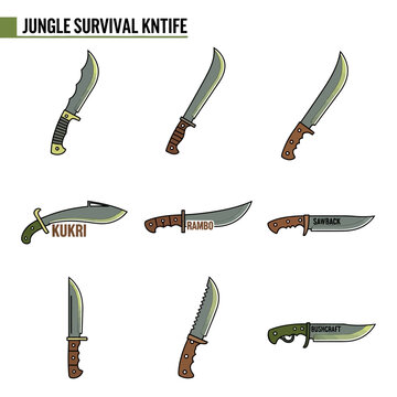Jungle Survival Knives Collection: Machete, Kukri, Bushcraft - Vector Illustration