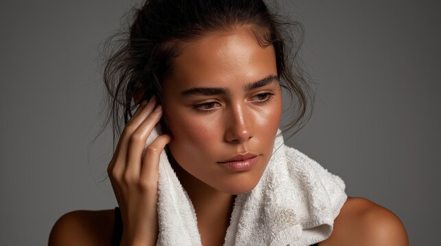 Woman dries her face with a towel