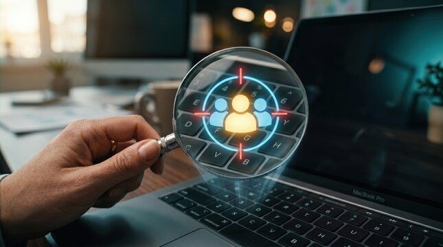 Targeting on Digital Era: An individual examines a glowing graphic of individuals with a magnifying glass, positioned on a laptop keyboard.
