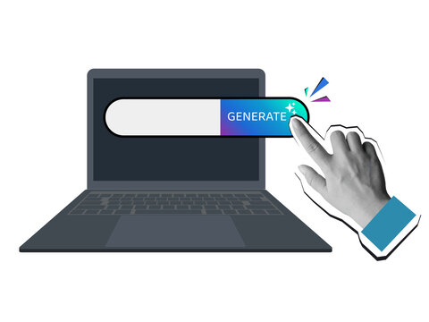 Black and white hand pressing a button Generate on a laptop screen. Modern collage style. Illustration on a transparent background