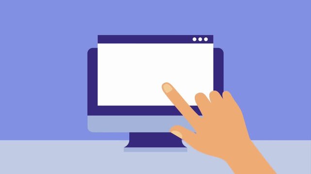 Online shopping experience with a hand clicking on a shopping bag icon on a computer screen.