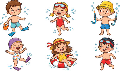 Children Enjoying Summer Swimming Fun with Pool Toys, Swim Gear, and Playful Water Poses for Summer Activity and Play Designs © Sanjida