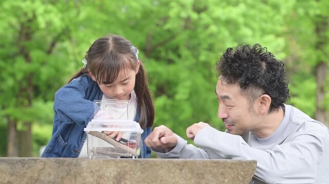 虫を観察する親子(父娘)2人のポートレート、自然体験と昆虫採集などの生物の学びの教育　夏休みの自由研究や体験学習のイメージ動画　虫に餌をあげるお世話をする