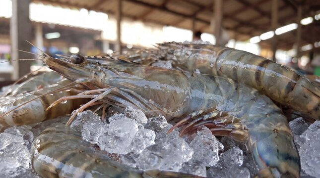 Fresh raw tiger prawns displayed on a bed of crushed ice for sale at a local fish market stall today