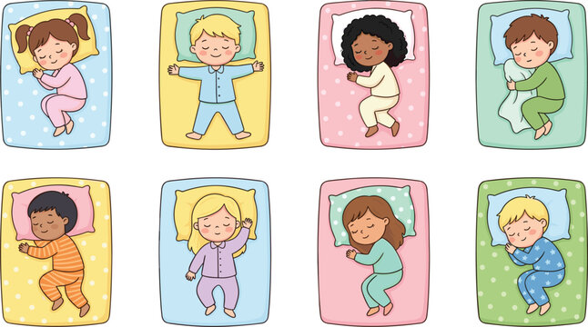 Children Sleeping Peacefully in Colorful Bed Sets with Pajamas and Different Sleep Poses for Rest and Sleep Designs