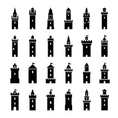 Medieval Castle Towers Icons Set, Silhouette Fortress Buildings, Ancient Architecture Collection © eko