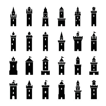 Medieval Castle Towers Icons Set, Silhouette Fortress Buildings, Ancient Architecture Collection