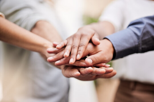 Business, people or handstack in office with motivation, team victory or support with group unity. Success, staff or employees with hands together, collaboration or synergy with milestone reach.