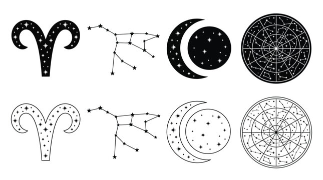 Aries zodiac sign, constellation, moon and star map celestial symbols set astrology icons in black and outline style
