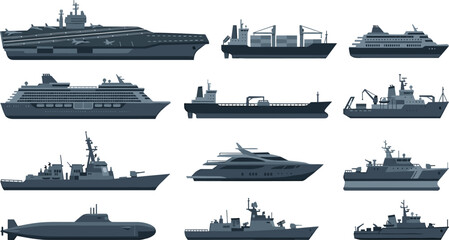 Illustration Set of Different Types of Ships and Boats, Naval, Cargo, and Luxury Vessels for Websites, Apps, and Digital Media Designs © Sanjida