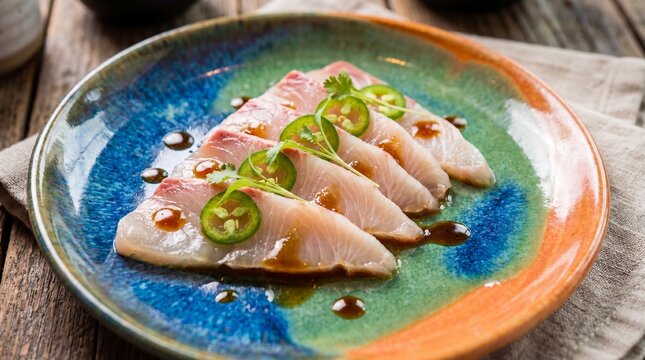 Fresh yellowtail sashimi slices served on a vibrant ceramic plate with sliced jalapeno peppers and a light soy glaze