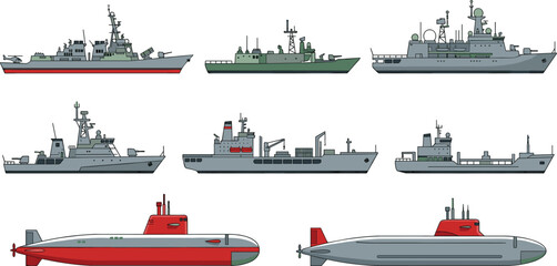 Illustration Set of Military Ships and Submarines, Naval Fleet and Warships for Websites, Apps, and Digital Media Designs © Sanjida