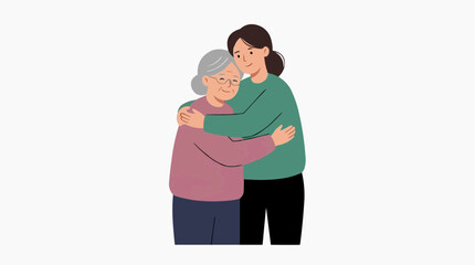 Fototapeta premium Supportive adult daughter embracing elderly mother at home, symbolizing family care, wellbeing, trust, and stress relief in modern life