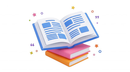 Naklejka premium 3d render of an open book resting on a stack of two closed books, surrounded by floating decorative elements like stars and quotation marks, isolated on transparent background