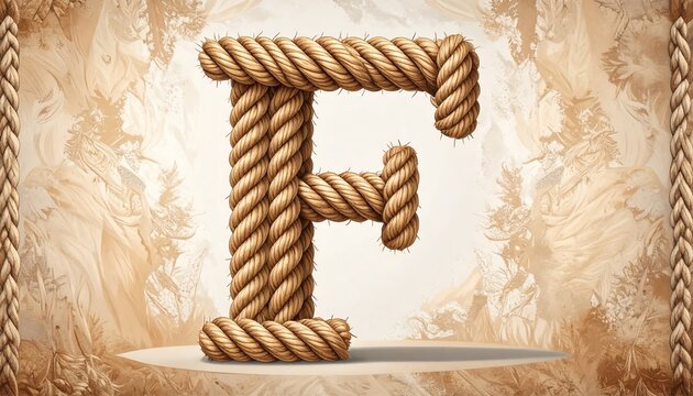 Rope letter "F" on light tan patterned background with decorative rope borders on sides