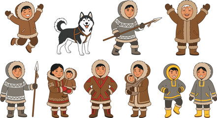 Illustration Set of Inuit People, Clothing, and Activities with Dog for Websites, Apps, and Digital Media Designs © Sanjida
