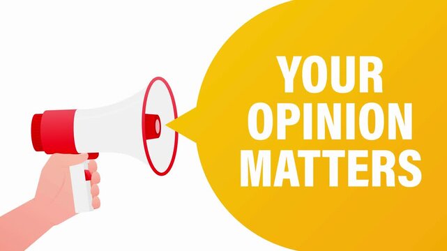 Hand holding megaphone with Your Opinion Matters text on a speech bubble.