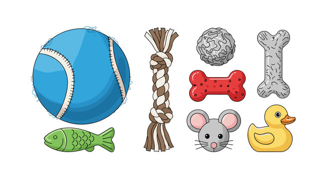 A playful collection of durable pet toys including a blue ball and a rubber duck arranged on a clean background featuring various textures and vibrant primary colors.