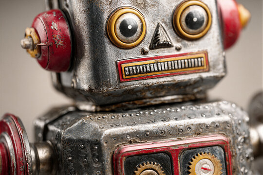 Macro close-up of a distressed vintage wind-up robot with red enamel and oxidized gears. Warm side lighting on wood leaves right copy space for text. Nostalgic mood ideal for retro ads and retail.
