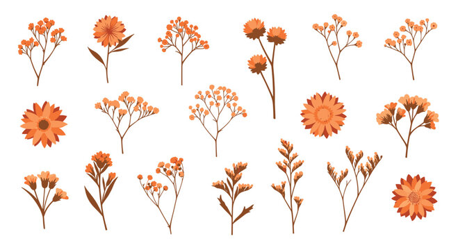 An assortment of stylized orange floral branches and individual blossoms arranged in a repeating pattern against a soft light background with a cohesive monochromatic color theme.