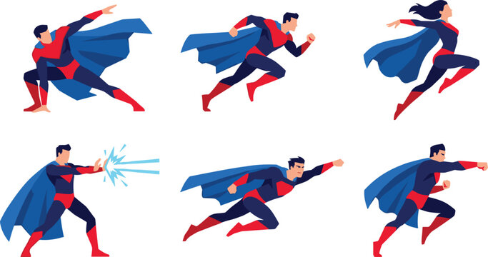 Illustration Set of Superheroes in Action with Capes, Running and Using Superpowers for Websites, Apps, and Digital Media Designs