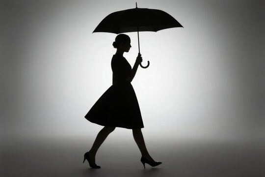 Silhouette of a woman walking with an umbrella against a gradient background