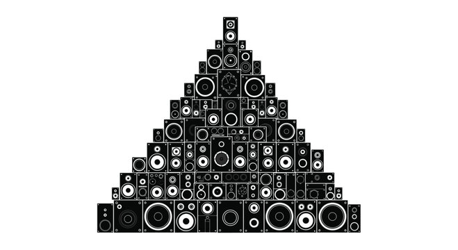 A pyramid construction composed of numerous black audio equipment and loudspeakers arranged in a geometric triangular stack against a clean white background with high contrast.