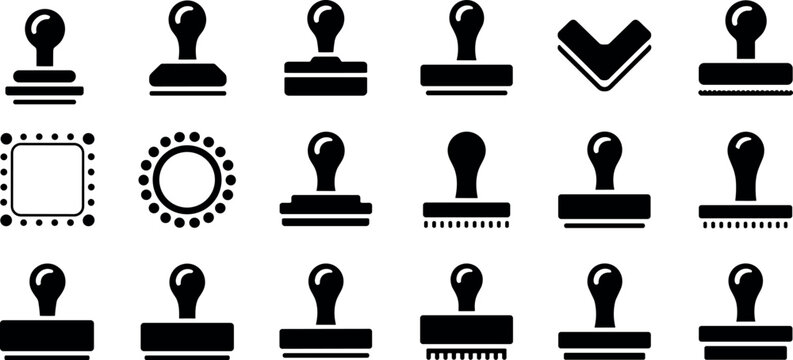 Black rubber stamp icon set featuring various solid silhouettes for document validation approval corporate branding and administrative office paperwork management symbols