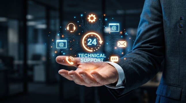 Tech Support in Hand: An image showcasing a man in professional attire, his open palm presenting a luminous display of technical support icons.
