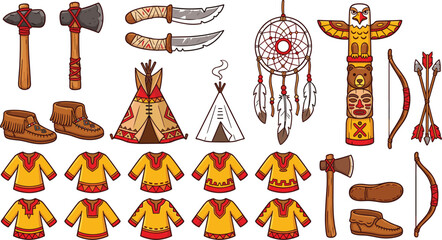 Illustration Set of Native American Culture Elements, Clothing, Tools, and Symbols for Websites, Apps, and Digital Media Designs © Sanjida