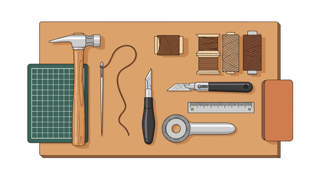 A complete set of professional leatherworking tools arranged neatly on a wooden workbench featuring a metal hammer and sharp craft knives under bright studio lighting.