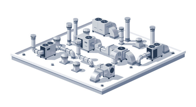 Isometric rooftop view showing multiple HVAC cooling units and vertical ventilation chimneys interconnected by metallic ducting on a flat industrial building surface.