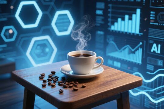 Steaming cup of coffee on wooden table with coffee beans, set against a digital AI interface background featuring graphs and hexagonal patterns.