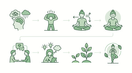 Illustration of Mental Health Improvement Journey, From Stress to Serenity Through Self-Care and Personal Growth © Zidan