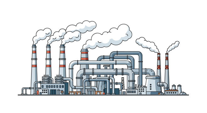 Complex industrial manufacturing site layout showcases an elaborate network of blue interconnected piping systems and multiple thin exhaust chimneys on a white background.