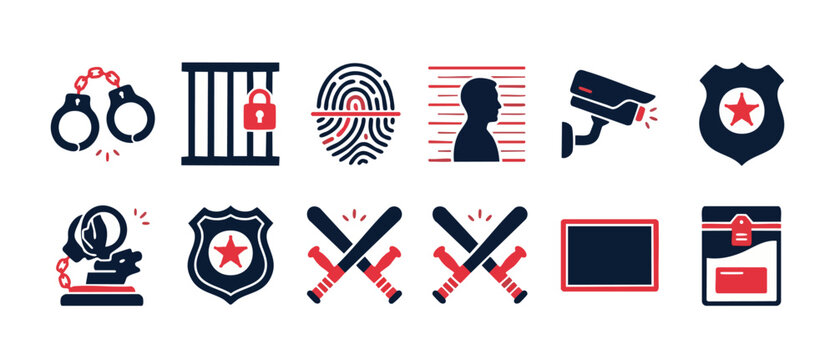 Crime and Law Enforcement Icon Set: Justice, Police, and Security Symbols. Vector graphics featuring handcuffs, prison bars, fingerprint, mugshot, surveillance camera, police badge, and batons for des