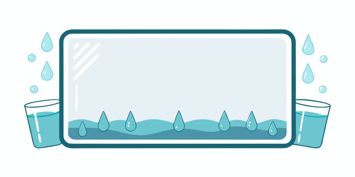 Rectangular banner frame with water droplets and glasses, vector