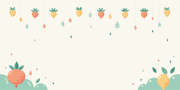 Cute hanging fruit and raindrop illustration banner, vector
