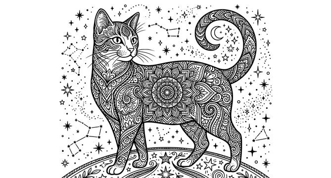 Intricately designed cat under celestial night sky with mandala patterns