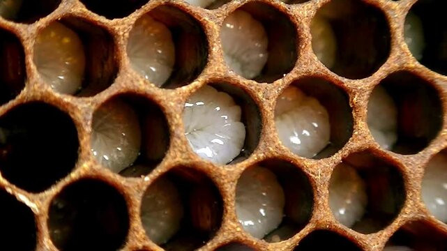 Close-up of honeybee larvae developing in a honeycomb.