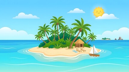 Obraz premium Tropical Paradise Island Scene with Palm Trees, Beach, and Clear Blue Ocean under Sunny Sky.