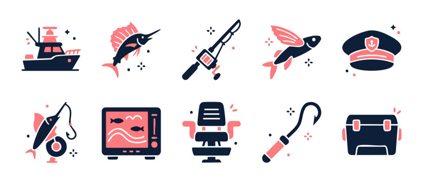 Fishing Icons Set Flat Vector, Sport Fishing Equipment and Marine Life Symbols for Deep Sea Angling Adventure Design, Yacht Captain Hat, Sailfish, Sonar, Cooler, Rod, Hook and Chair Illustrations